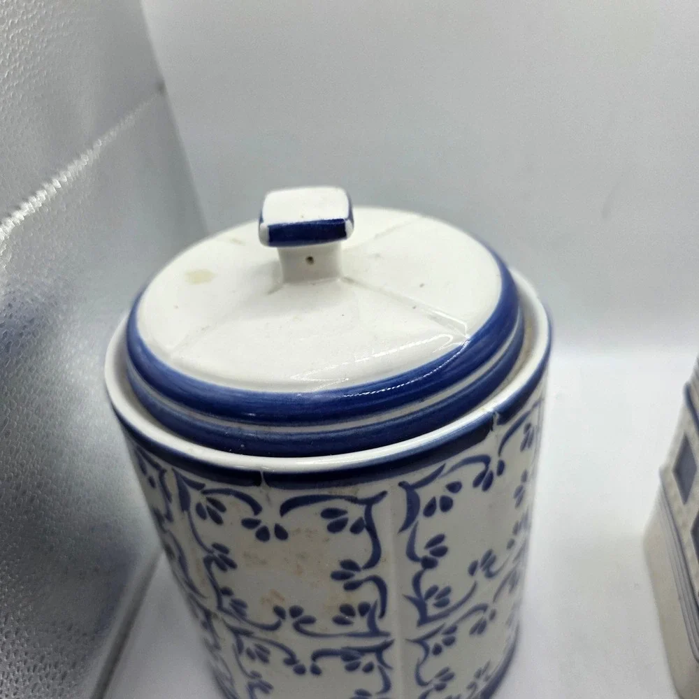 Blue and White Ceramic Canister Set Floral Geometric Vintage Storage Jars